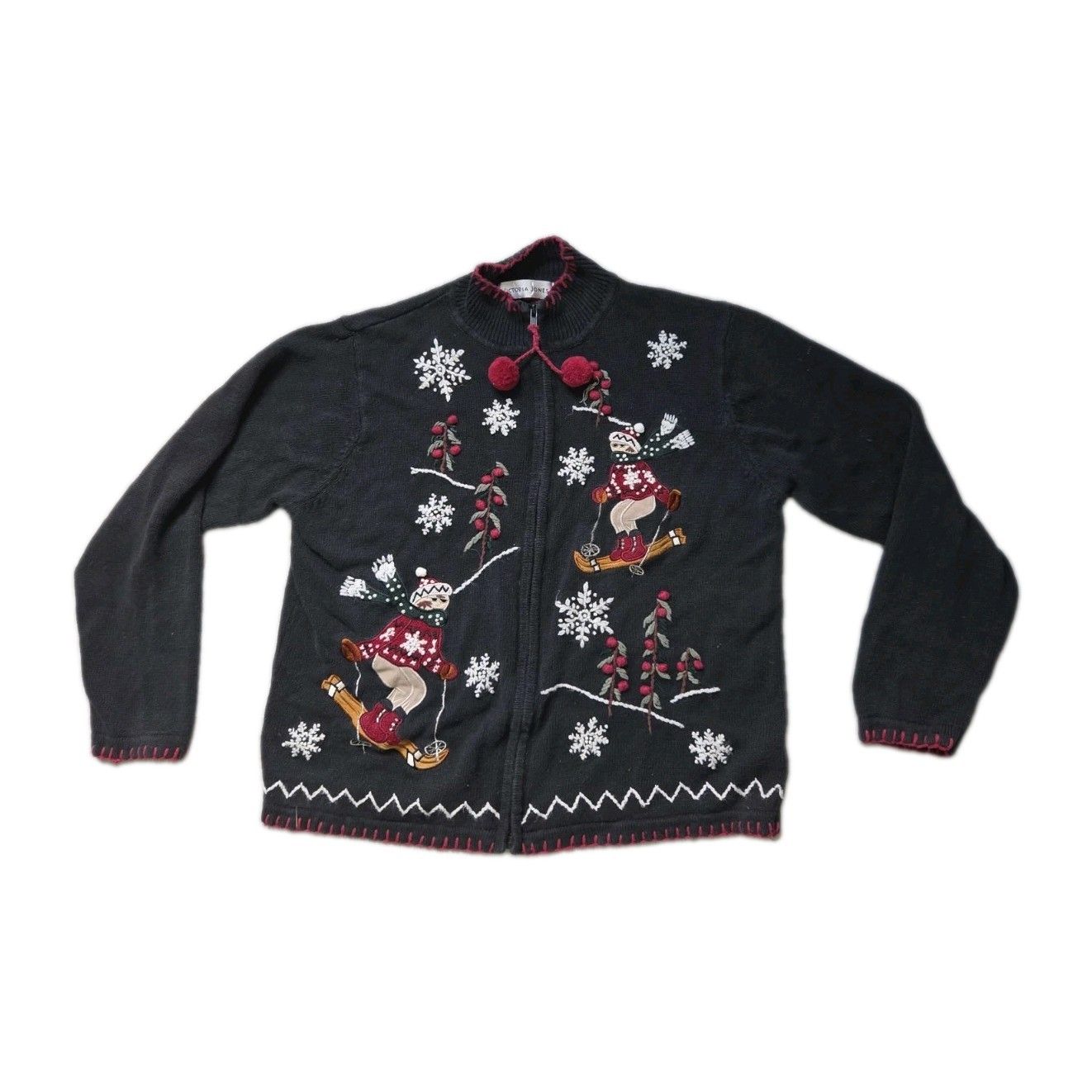 Vtg Victoria Jones Christmas Skiing Snowman Cardigan Sweater Zip Front Black L